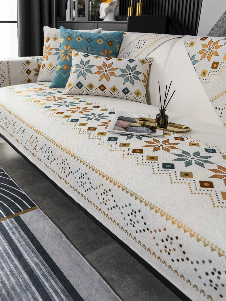 1入組套幾何圖案沙發巾現代滌綸防滑沙發套毯適用於客廳 - 米色 - 查看 1