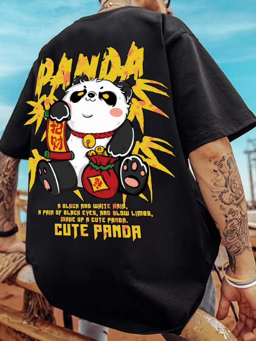 Manfinity 男士卡通和標語圖案落肩T恤 - 黑色 - 查看 1