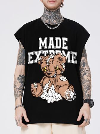 Street Life Men Bear & Letter Graphic Tank Top, School