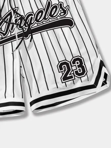 ROMWE MEN Prep 男式条纹字母图案抽绳腰部网眼篮球短裤