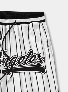 ROMWE MEN Prep 男式条纹字母图案抽绳腰部网眼篮球短裤