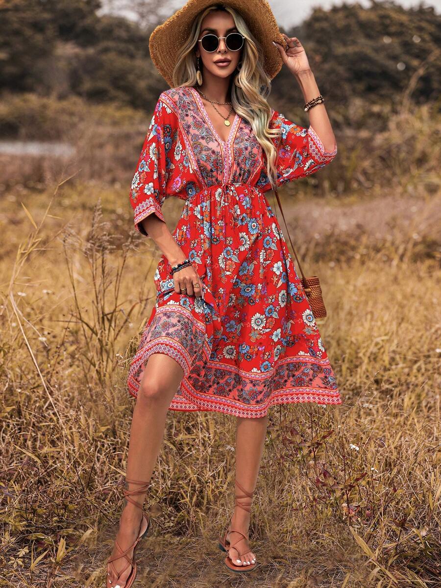 Breezaya Floral Print Batwing Sleeve Drawstring Waist Dress - Red - View 1