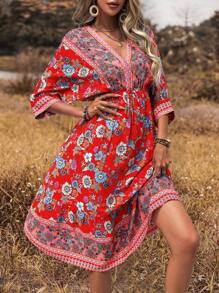 Breezaya Floral Print Batwing Sleeve Drawstring Waist Dress - Red - View 3
