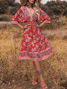 Breezaya Floral Print Batwing Sleeve Drawstring Waist Dress - Red - View 4