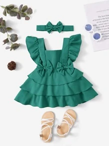 SHEIN 嬰兒荷葉邊前蝴蝶結層疊下擺洋裝附髮帶 - 綠色 - 查看 1