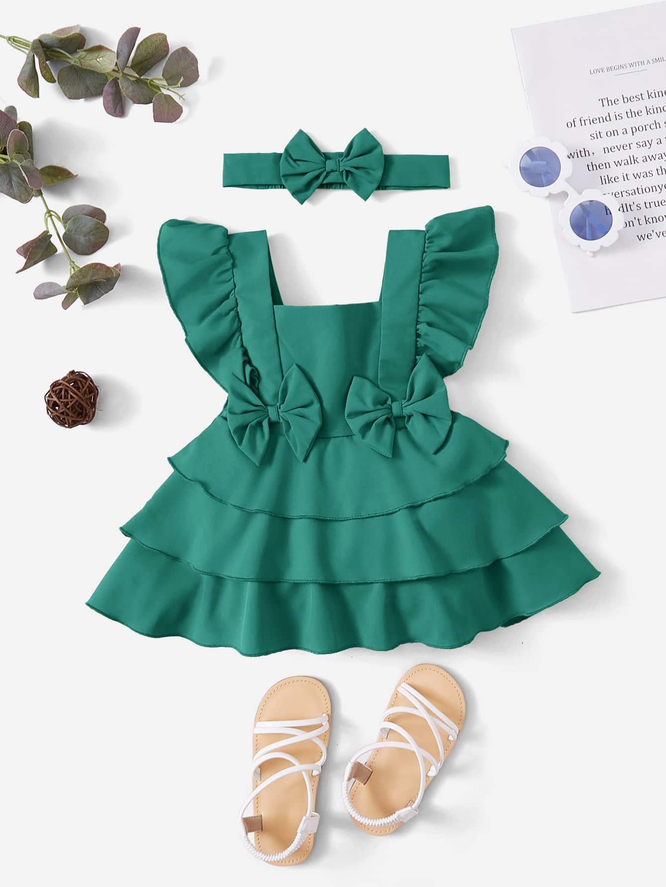 SHEIN 嬰兒荷葉邊前蝴蝶結層疊下擺洋裝附髮帶 - 綠色 - 查看 1
