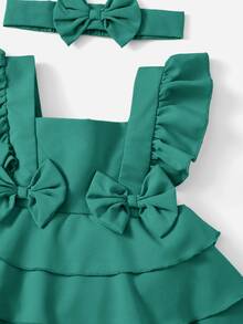 SHEIN 嬰兒荷葉邊前蝴蝶結層疊下擺洋裝附髮帶 - 綠色 - 查看 3