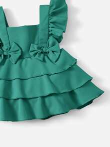SHEIN 嬰兒荷葉邊前蝴蝶結層疊下擺洋裝附髮帶 - 綠色 - 查看 4