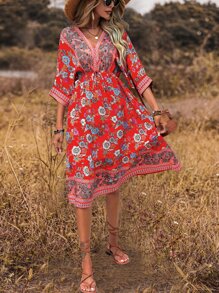 Breezaya Floral Print Batwing Sleeve Drawstring Waist Dress - Red - View 5