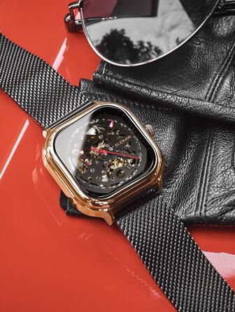 1入組黑色鋅合金帶休閒方形錶盤機械手表,適用於日常生活