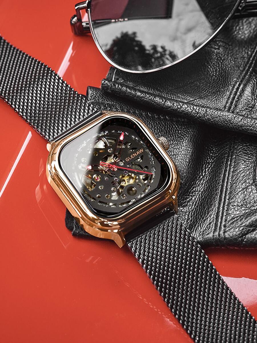 1入組黑色鋅合金帶休閒方形錶盤機械手表,適用於日常生活 - 金色 - 查看 1