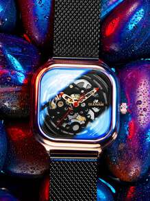 1入組黑色鋅合金帶休閒方形錶盤機械手表,適用於日常生活 - 金色 - 查看 2