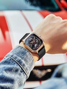 1入組黑色鋅合金帶休閒方形錶盤機械手表,適用於日常生活 - 金色 - 查看 3