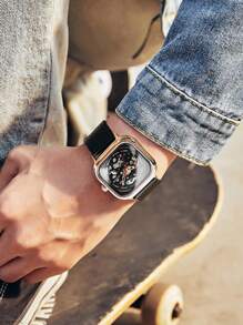 1入組黑色鋅合金帶休閒方形錶盤機械手表,適用於日常生活 - 金色 - 查看 4