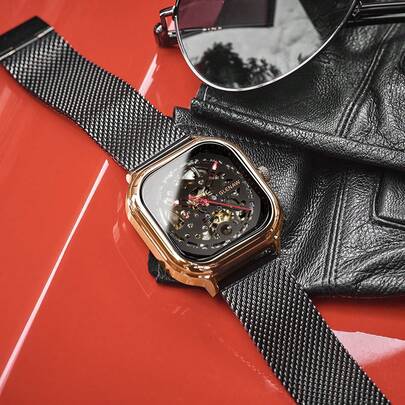 1入組黑色鋅合金帶休閒方形錶盤機械手表,適用於日常生活