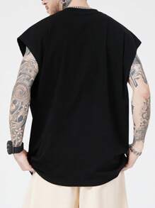 ROMWE MEN Street Life 男士熊与字母图案背心，学校 - 黑色 - 查看 2