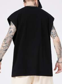 ROMWE MEN Street Life 男士熊与字母图案背心，学校 - 黑色 - 查看 3