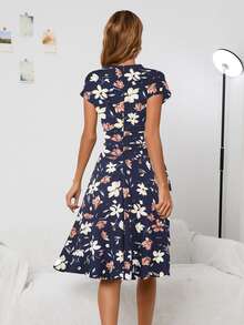 Floral Print Hidden Pocket Dress - Navy Blue - View 2
