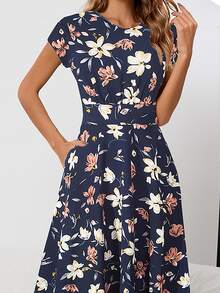 Floral Print Hidden Pocket Dress - Navy Blue - View 4