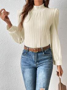 Frill Trim Mock Neck Blouse - Apricot - View 3
