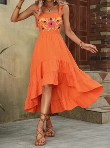 SHEIN VCAY 花卉刺繡肩上打結荷葉邊吊帶連衣裙 - 橘色 - 查看 1
