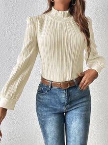 Frill Trim Mock Neck Blouse - Apricot - View 6