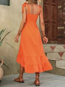 SHEIN VCAY 花卉刺繡肩上打結荷葉邊吊帶連衣裙 - 橘色 - 查看 2