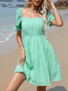 SHEIN VCAY Shirred Back Square Neck Puff Sleeve Dress - Green - View 2