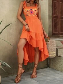 SHEIN VCAY 花卉刺繡肩上打結荷葉邊吊帶連衣裙 - 橘色 - 查看 4
