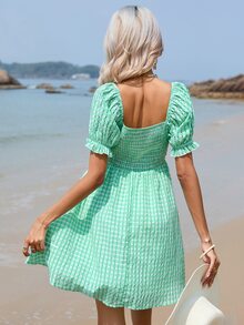 SHEIN VCAY Shirred Back Square Neck Puff Sleeve Dress - Green - View 3