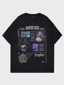 ROMWE MEN Street Life Guys Cotton Letter Figure Graphic Tee - Black - View 1