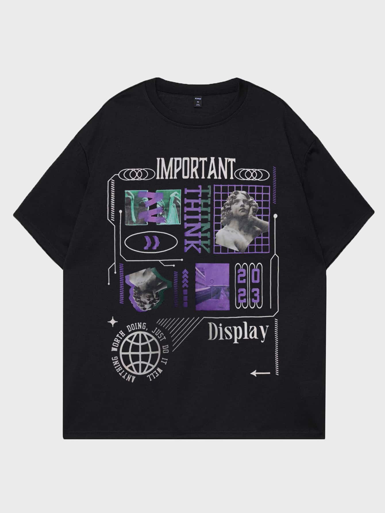 ROMWE MEN Street Life Guys Cotton Letter Figure Graphic Tee - Black - View 1