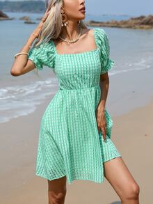 SHEIN VCAY Shirred Back Square Neck Puff Sleeve Dress - Green - View 6