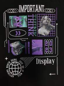 ROMWE MEN Street Life Guys Cotton Letter Figure Graphic Tee - Black - View 4