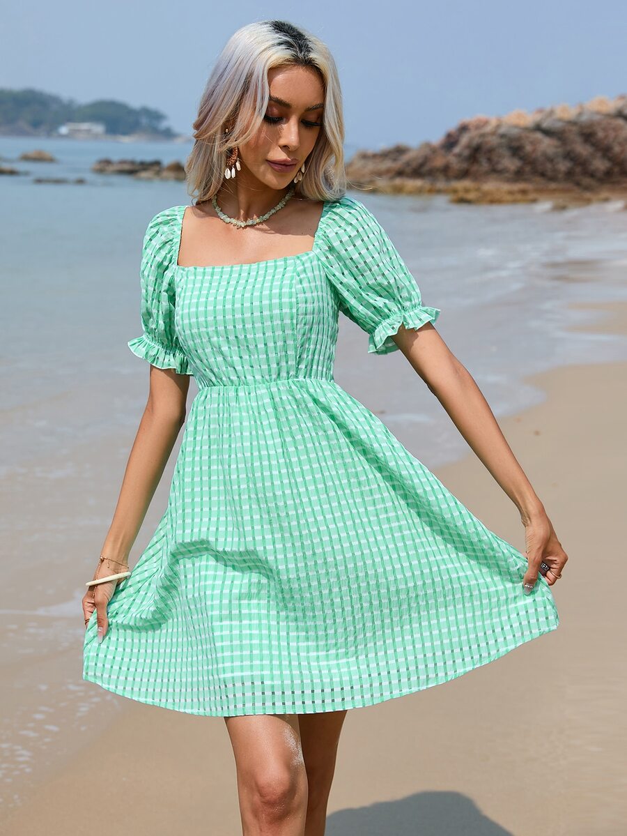 SHEIN VCAY Shirred Back Square Neck Puff Sleeve Dress - Green - View 1