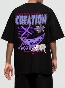 ROMWE MEN Street Life Guys Slogan Floral Graphic Drop Shoulder Tee - Black - View 1