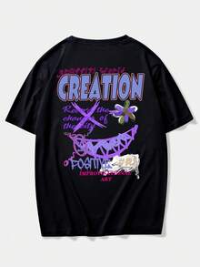 ROMWE MEN Street Life Guys Slogan Floral Graphic Drop Shoulder Tee - Black - View 5