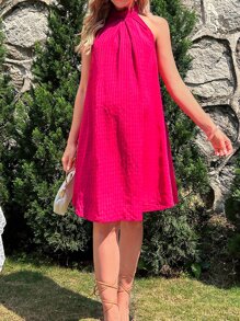 SHEIN Maternidad Vestido unicolor de cuello halter - Rosa Fucsia - Ver 4