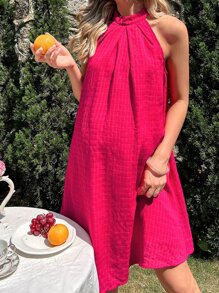 SHEIN Maternidad Vestido unicolor de cuello halter - Rosa Fucsia - Ver 6