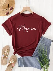 SHEIN LUNE Áo thun nữ Tim Lá thư Giải trí - Màu Đỏ Sâu - Xem 1