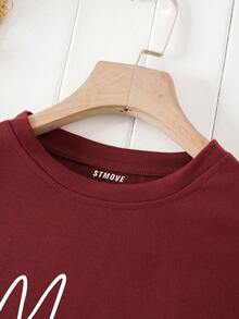 SHEIN LUNE Áo thun nữ Tim Lá thư Giải trí - Màu Đỏ Sâu - Xem 4