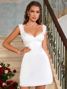 PARTHEA 蕾絲邊緊身上衣緞面吊帶洋裝 - 白色 - 查看 7