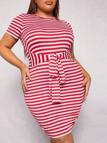 SHEIN SXY 大碼條紋印花腰帶緊身洋裝 - 紅色 - 查看 4
