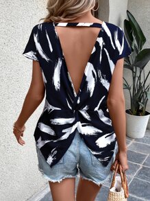 SHEIN VCAY Brush Print Twist Backless Batwing Sleeve Blouse - Navy Blue - View 1