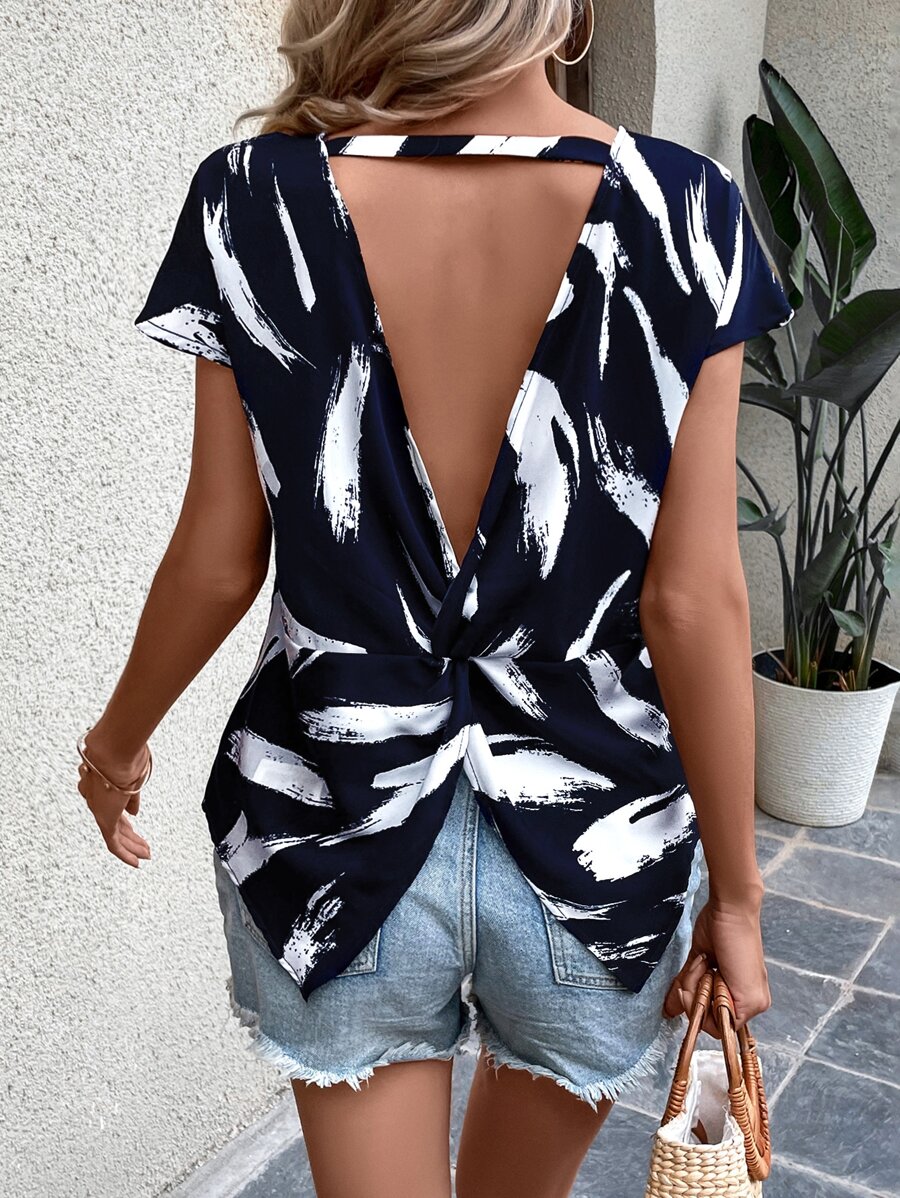 SHEIN VCAY Brush Print Twist Backless Batwing Sleeve Blouse - Navy Blue - View 1