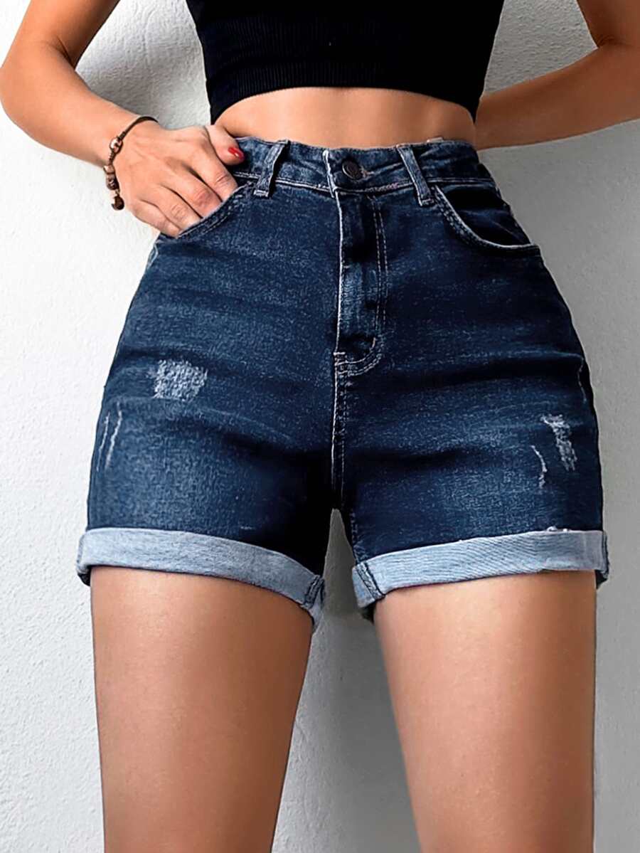 Cottnline High Waist Ripped Roll Up Hem Denim Shorts - Dark Wash - View 1