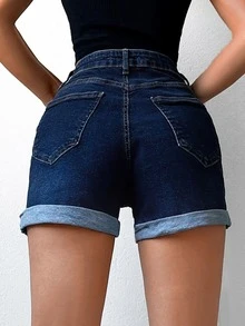 Cottnline High Waist Ripped Roll Up Hem Denim Shorts - Dark Wash - View 3