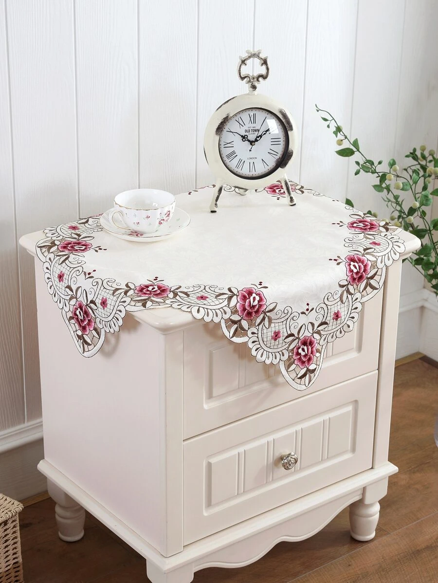 1 Khăn Trải Bàn Thêu Hoa, Khăn Trải Bàn Vuông Polyester Hiện Đại Cho Gia Đình - Màu be - Xem 1