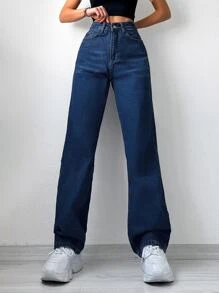 SHEIN PETITE Solid Wide Leg Jeans - Dark Wash - View 1