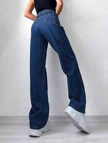 SHEIN PETITE Solid Wide Leg Jeans - Dark Wash - View 2